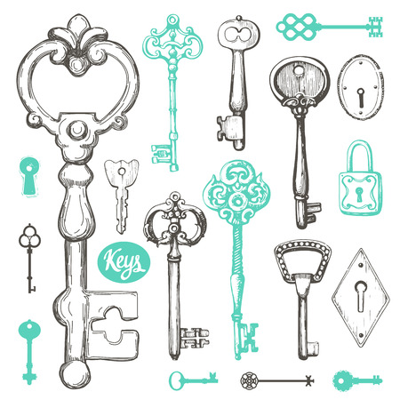 Vector set of hand-drawn antique keys. Illustration in sketch style on white background. Old designの写真素材