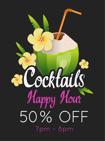 Happy hours poster. Vector illustration with cocktail in summer beach style for bar. Drink menu for celebration. Special offer.のイラスト素材