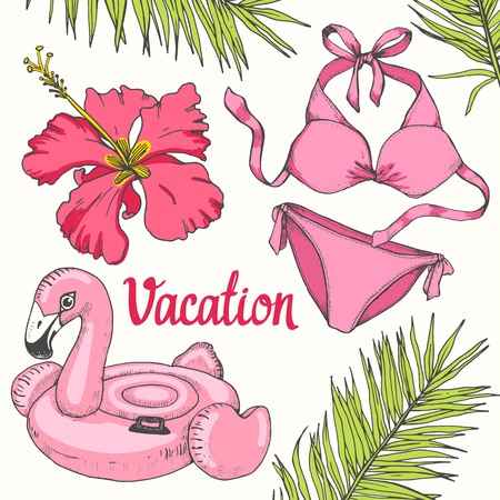 Holiday hand-drawn set with flowers, swimsuit, palm leaf, flamingo float. Vector illustration in sketch style on white background. Brush calligraphy elements. Handwritten ink lettering.の写真素材