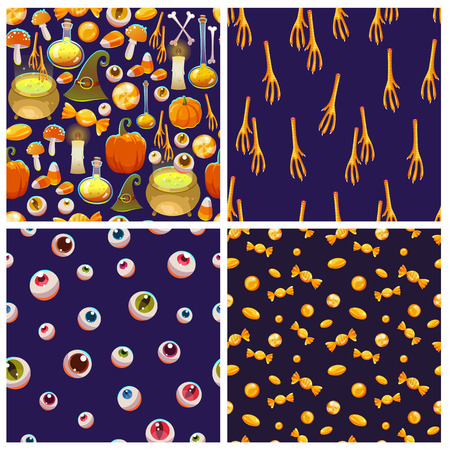Set with Halloween patterns. Funny and scary objects.  illustration of eyes, potion, broom, candies, hat and boots in cartoon style.のイラスト素材