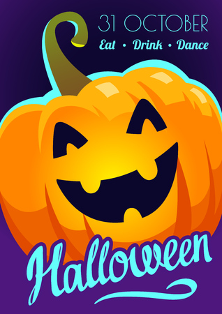 Happy Halloween poster. Funny background with scary objects and pumpkin. Vector sillustration in cartoon style.のイラスト素材