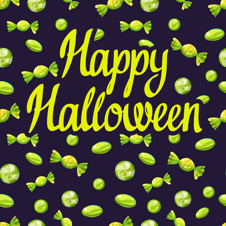 Happy Halloween poster with multicolored candy pattern. Funny vector illustration for holiday in cartoon style. Seamless background.のイラスト素材