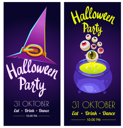 Set with Halloween labels. Funny and scary objects. Vector illustration of eyes, potion, broom, candies, hat and boots in cartoon style.のイラスト素材