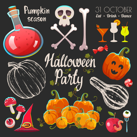 Halloween witches set with funny and scary objects.  illustration of eyes, potion, candies, mushroom, bone, pumpkin, hat and boots in cartoon style.の写真素材