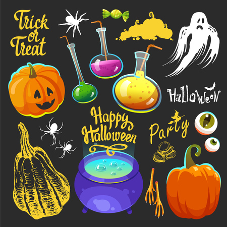 Halloween witches set with funny and scary objects.  illustration of eyes, potion, candies, pumpkin, spider, ghost in cartoon style.の写真素材