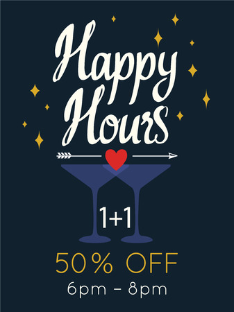 Happy hours poster. Vector illustration with cocktail in summer beach style for bar. Drink menu for celebration. Special offer.のイラスト素材