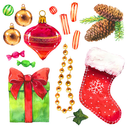 Christmas watercolor illustration in picturesque style. Holiday set with gift, box, ribbon, cone, beads, cookies, ball, branch, sock, candies. New year decoration.の写真素材