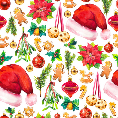 Christmas watercolor illustration in picturesque style. Holiday seamless pattern with ribbon, poinsettia, holly, hat, ball, branch, mistletoe, bell, cookies. New year decoration on white background.の写真素材