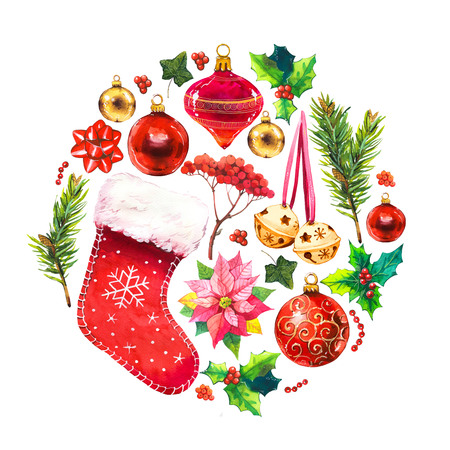 Christmas watercolor circle illustration in picturesque style. Holiday set with ribbon, sock, poinsettia, bell, holly, spruce, cup, beads, ball. New year decoration.の写真素材