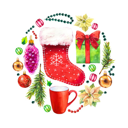 Christmas watercolor circle illustration in picturesque style. Holiday set with ribbon, sock, poinsettia, bell, holly, cup, beads, ball. New year decoration.の写真素材