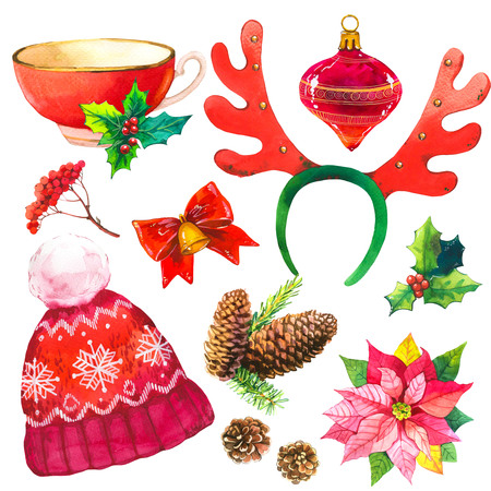 Christmas watercolor illustration in picturesque style. Holiday set with ribbon, poinsettia, cone, bell, holly, cup, hat, ball, branch, spruce. New year decoration.の写真素材