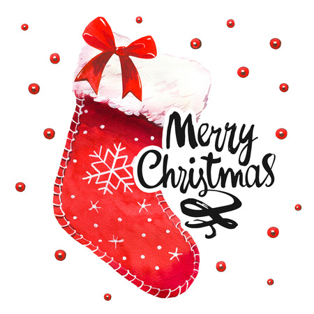 Watercolor holiday illustration with red knit sock on white background. Handwritten inscription. Lettering design. Merry Christmas.の写真素材