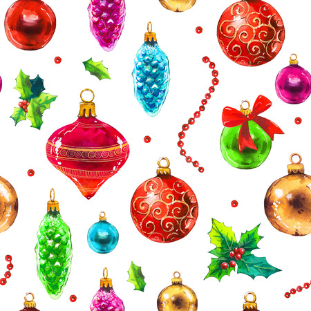 Christmas watercolor illustration in picturesque style. Holiday seamless pattern with ribbon, holly, beads, ball, leaves. New year decoration on white background.の写真素材