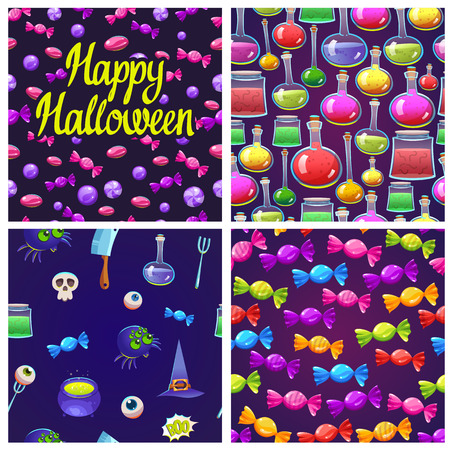 Set with Halloween patterns. Funny and scary objects. Vector illustration of eyes, potion, knife, candies, hat in cartoon style.のイラスト素材