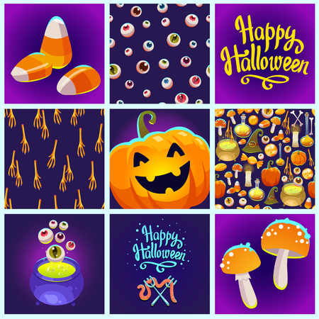 Set with Halloween patterns and posters. Funny and scary objects. Vector illustration of eyes, potion, broom, candies, hat and boots in cartoon style.のイラスト素材