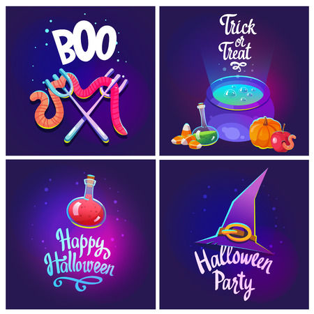 Set with Halloween composition. Funny pot with blue potion, apple with worm, witch's hat, pumpkin and scary candies. Vector illustration for holiday in cartoon style.のイラスト素材