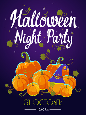 Halloween party poster. Funny background with witches hat and pumpkin in cartoon style. Vector holiday illustration.のイラスト素材