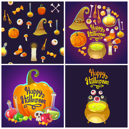 Set with Halloween patterns. Funny and scary objects. Vector illustration of eyes, potion, broom, candies, hat and boots in cartoon style.のイラスト素材