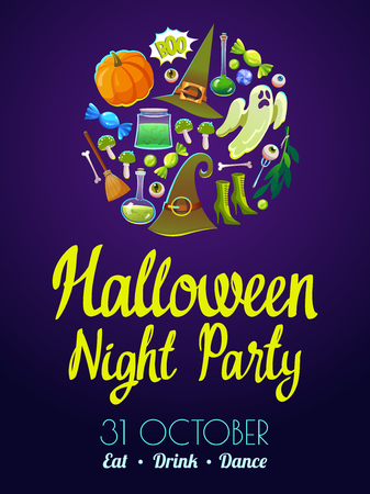 Halloween party poster. Funny background with scary objects. Vector set with eyes, potion, candies, witches hat and pumpkin in cartoon style.のイラスト素材