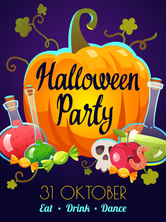 Happy Halloween composition. Funny background with scary objects and pumpkin. Vector set with potions, apple with worm, candy in cartoon style.のイラスト素材