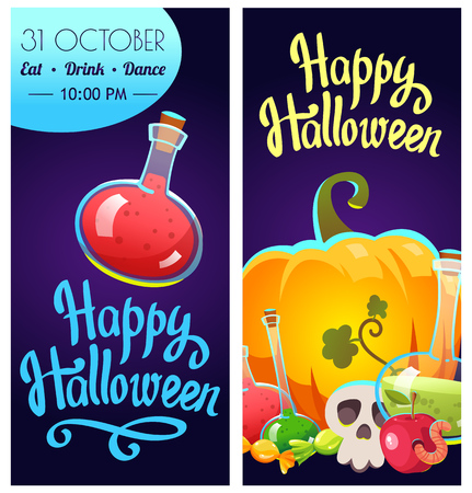 Set with Halloween labels. Funny and scary objects. Vector illustration of eyes, potion, broom, candies, hat and boots in cartoon style.の写真素材
