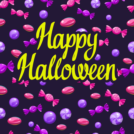Happy Halloween poster with multicolored candy pattern. Funny vector illustration for holiday in cartoon style. Seamless background.の写真素材