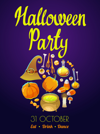 Halloween party poster. Funny background with scary objects. Vector set with eyes, potion, candies, witches hat, chicken feet and pumpkin in cartoon style.の写真素材