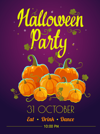 Halloween party poster. Funny background with pumpkins in cartoon style. Vector holiday illustration.の写真素材