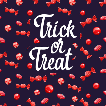 Happy Halloween poster with multicolored candy pattern. Funny vector illustration for holiday in cartoon style. Seamless background.の写真素材