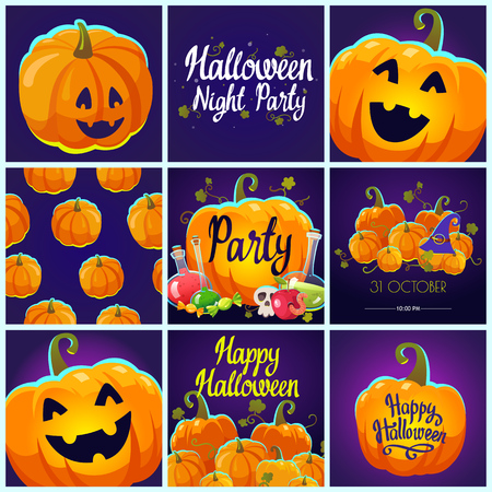 Set with Halloween pattern and posters. Funny and scary objects. Vector illustration of pumpkins in cartoon style.の写真素材