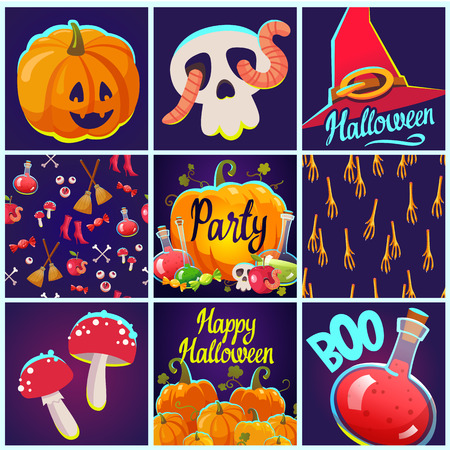 Set with Halloween patterns and posters. Funny and scary objects. Vector illustration of eyes, potion, broom, candies, hat and boots in cartoon style.の写真素材