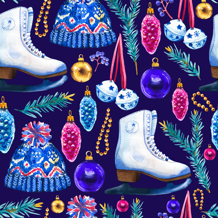 Christmas watercolor illustration in picturesque style. Holiday seamless pattern with ribbon,...