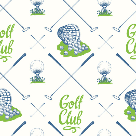Seamless golf pattern with busket and ball. Vector set of hand-drawn sports equipment. Illustration in sketch style on white background.のイラスト素材