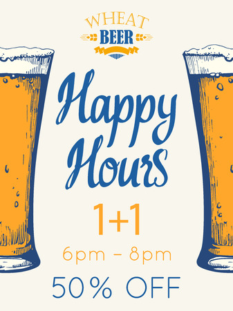Happy hours poster. Vector illustration with glass of beer in sketch style for bar. Drink menu for celebration. Special offer.のイラスト素材