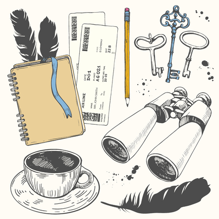 Travel hand-drawn set with notepad, tickets, cup, keys, feathers, binoculars. Vector illustration in sketch style on white background. Brush calligraphy elements. Handwritten ink lettering.のイラスト素材