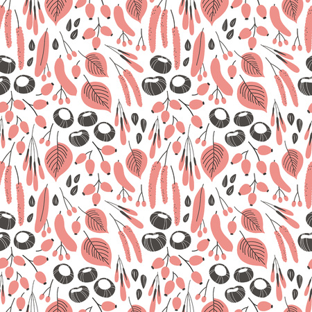 Vector fall seamless pattern on white. Abstract background with floral elements. Natural design. Autumn mood.のイラスト素材