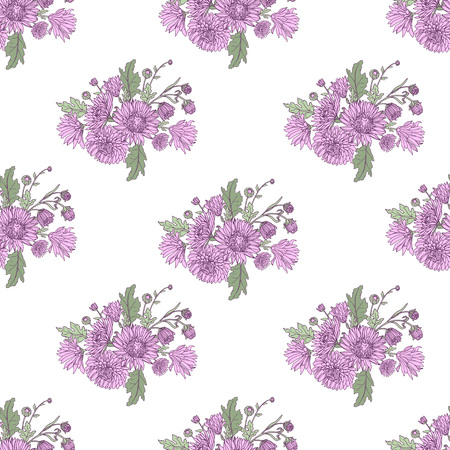 Seamless background with chrysanthemums in sketch style. Beautiful flowers pattern.のイラスト素材