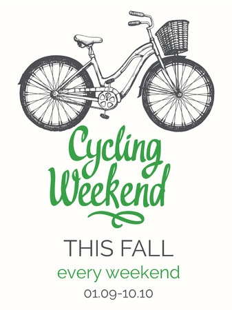 Travel vector illustration with bicycle in sketch style on white background. Cycling weekend. Brush calligraphy elements for your design. Handwritten ink lettering.のイラスト素材