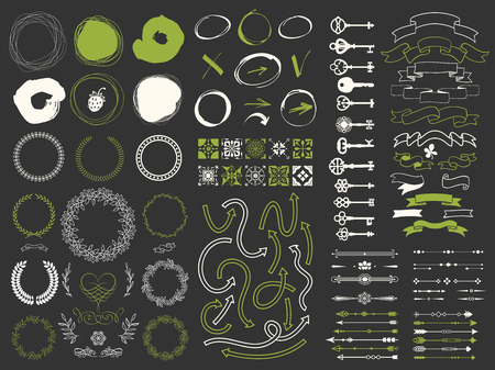 Vector illustration with design elements for decoration. Big silhouettes set of wreaths, boarders, arrows, keys, ribbon on black background. Vintage style.のイラスト素材