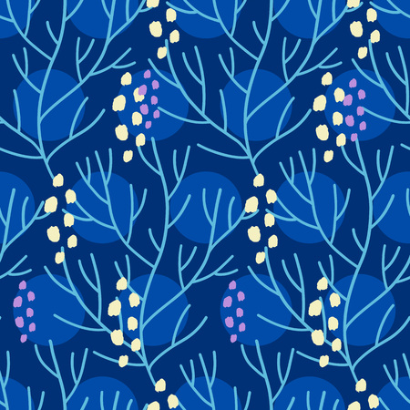 Vector seamless pattern on blue background with seaweed, sea sponges and corals. Abstract illustration with floral elements. Natural design.のイラスト素材