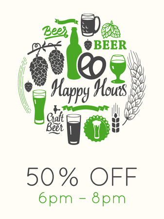 Happy hours poster. Vector illustration with glass of beer in sketch style for bar. Drink menu for celebration. Special offer.のイラスト素材