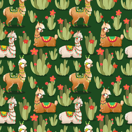 Illustration with alpaca and cactus plants. Vector seamless pattern on green background. Llama.のイラスト素材