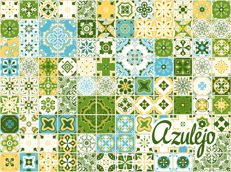 Seamless pattern with Portuguese tiles. Vector illustration of Azulejo on white background. Mediterranean style. Multicolor design.のイラスト素材