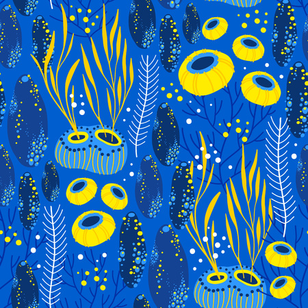 Vector seamless pattern on blue background with seaweed, sea sponges and corals. Abstract illustration with floral elements. Natural design.のイラスト素材