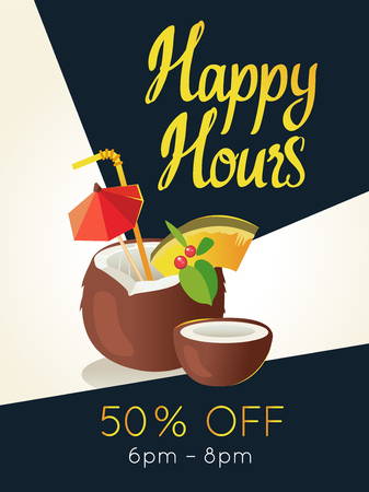 Happy hours poster. Vector illustration with cocktail in summer beach style for bar. Drink menu for celebration. Special offer.のイラスト素材