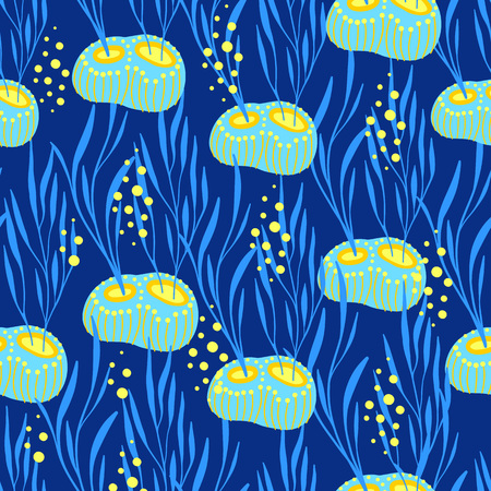 Vector seamless pattern on blue background with seaweed, sea sponges and corals. Abstract illustration with floral elements. Natural design.のイラスト素材