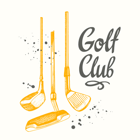 Golf. Vector set of hand-drawn sports equipment. Illustration in sketch style on white background. Brush calligraphy elements for your design. Handwritten ink lettering.のイラスト素材