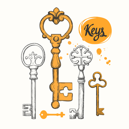 Vector set of hand-drawn antique keys. Illustration in sketch style on white background. Old designのイラスト素材