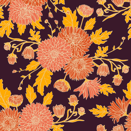 Seamless background with chrysanthemums in sketch style. Beautiful flowers pattern.のイラスト素材
