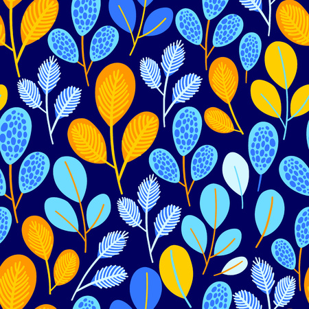 Vector seamless pattern on dark blue color with leaves and branch. Abstract background with floral elements. Natural design.のイラスト素材